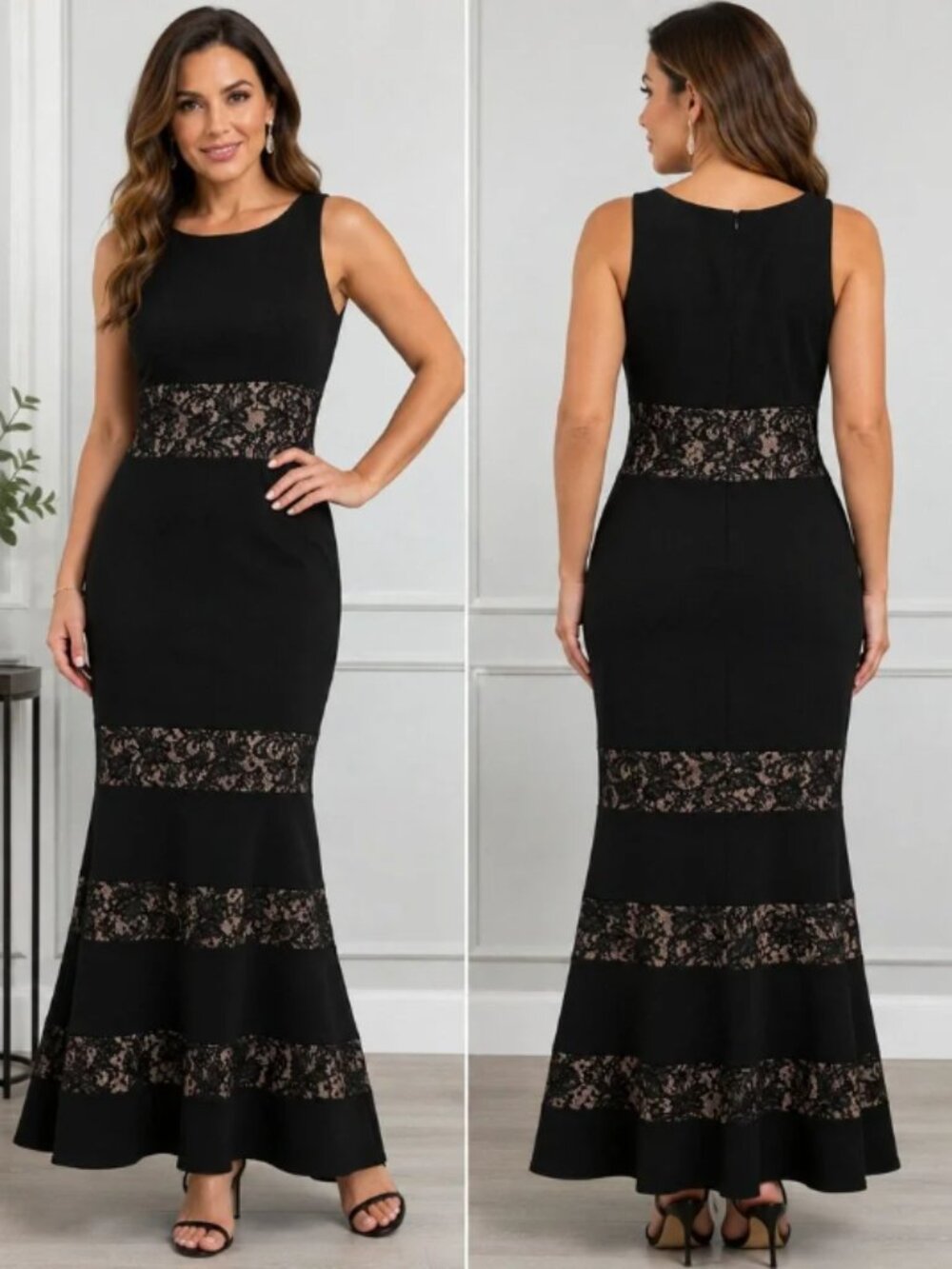 Vince Camuto 4 Black Lace Sequin Mermaid Maxi Dress Wedding Guest